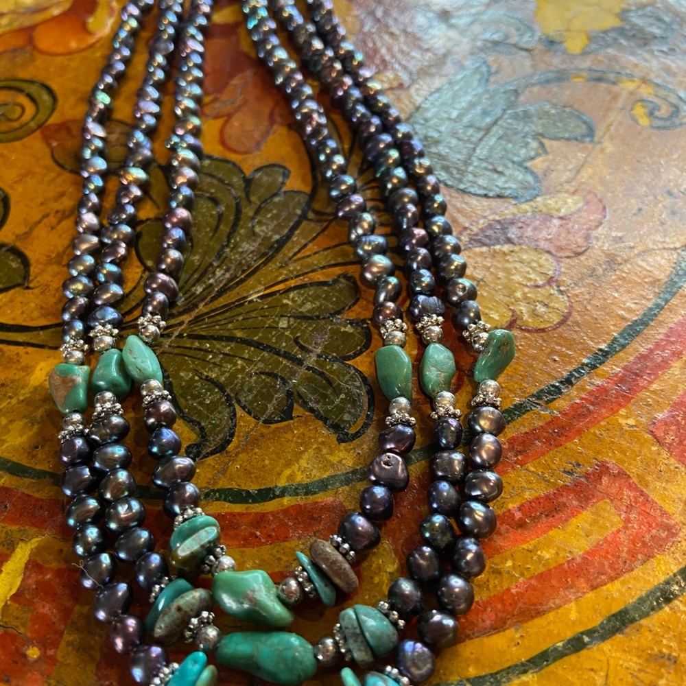 Black Freshwater Pearl/Turquoise Necklace - Picture 3 of 12